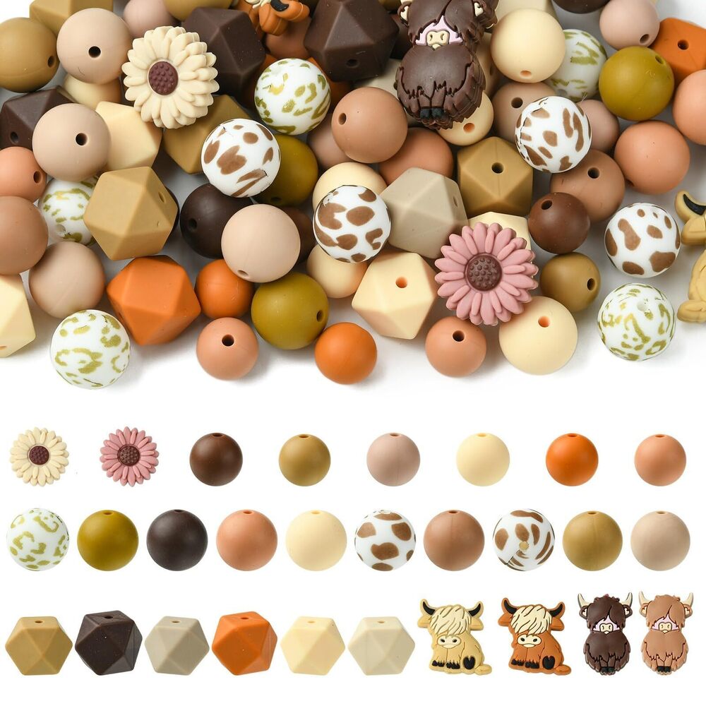 8769 105pcs Random Brown Cow Silicone Beads Round Hexagonal Beads Daisy